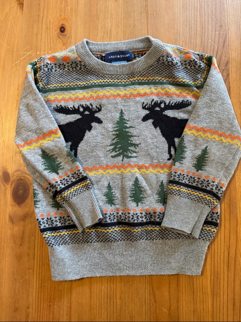 Andy & Evan Grey Crewneck Sweater with Black Moose and Green Trees